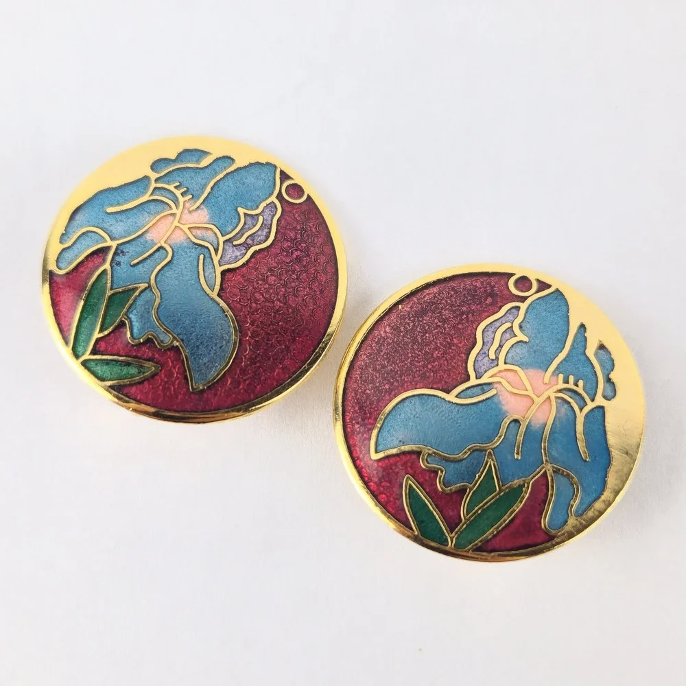 Vintage Cloisonné Iris Flower Clip‎ On Earrings Red Blue Gold Tone Enamel Floral